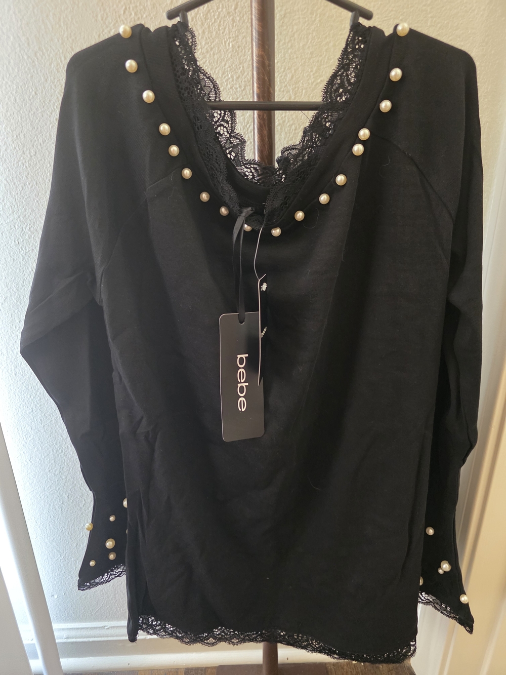 bebe Black Pearl-Trim Lace V-Neck Sweatshirt